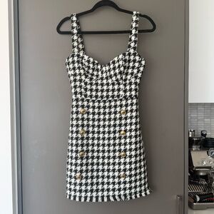 Black White Houndstooth Tweed Mini Dress Gold Button Detail Size S (Pink avail)